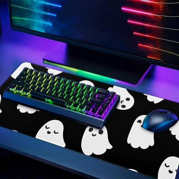 Blukids Halloween Cute Ghost Mouse Pad Kawaii Cartoon Spooky Funny Spirit Extended Desk Mat Non-Slip Rubber Base Stitched Edge Large XL Mousepad for Desk Gaming Laptop Desktop,35×15.7 Inch(A)
