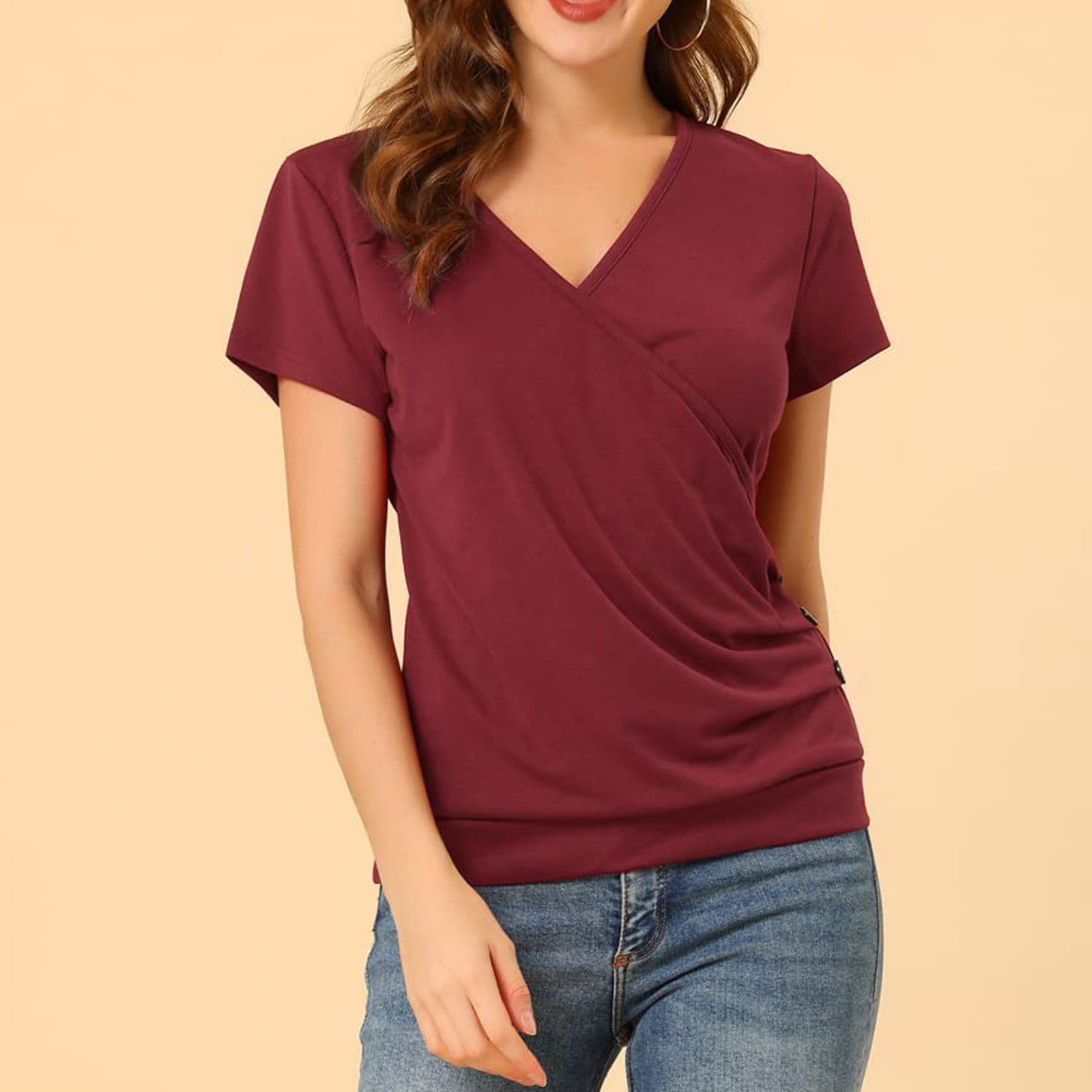 GceSteap Women's Summer Tops Short Sleeve Slim Fitted Deep V