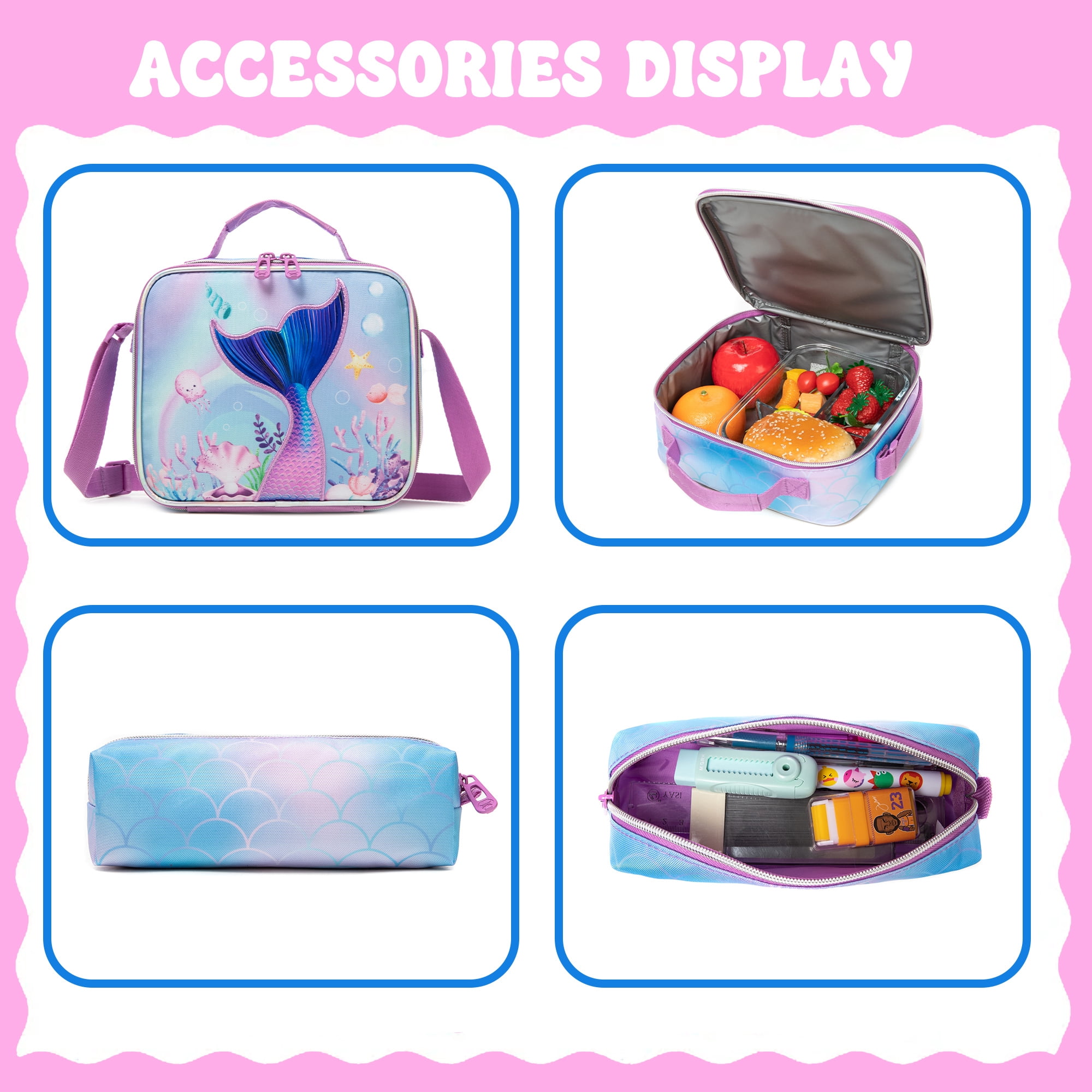 Kids Mermaid Rolling Backpack for School Girls,Backpack with Lunch Box Pencil Case for Elementary Students Ages 6-8