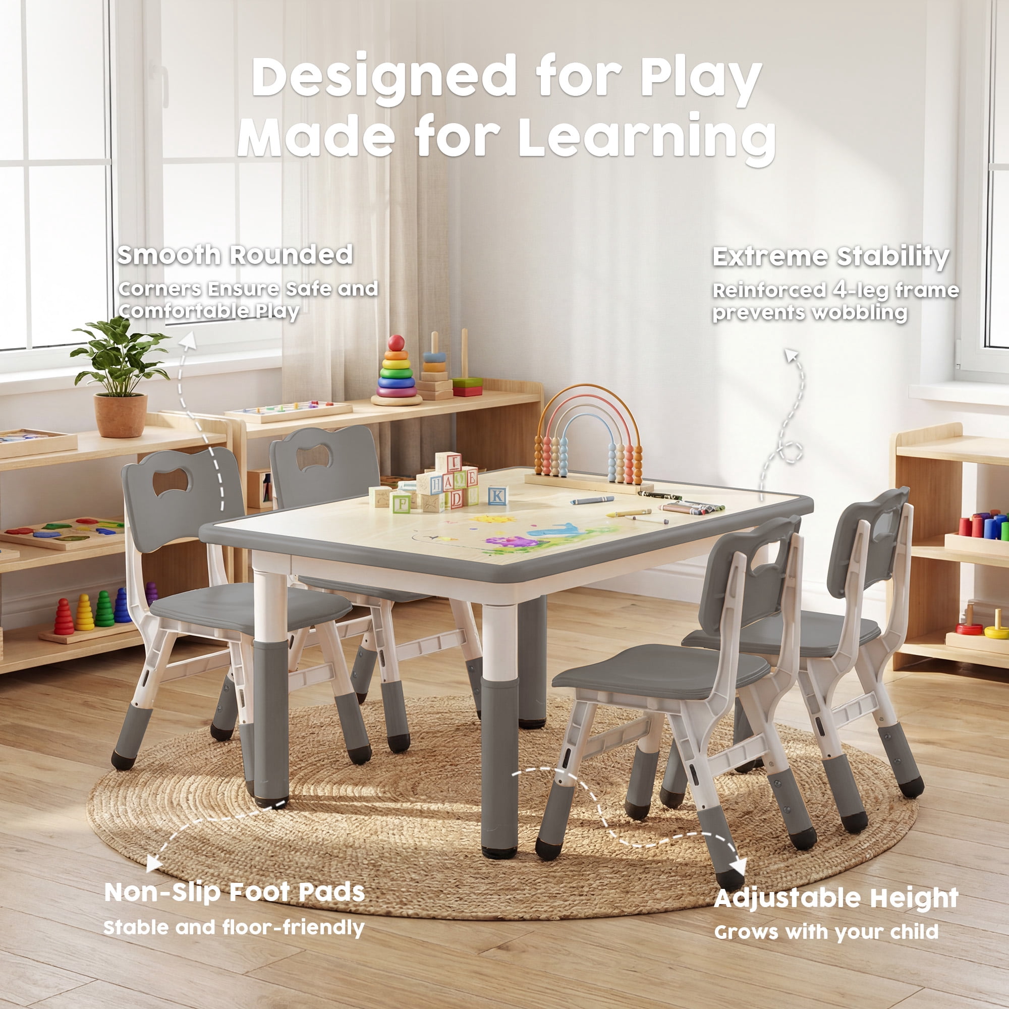 LINLUX Kids Table and 4 Chairs Set, Height Adjustable Table & Chairs, Spacious Activity Table for Toddlers, Gray