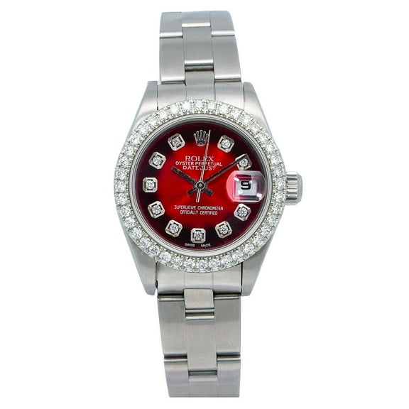 Pre-Owned Rolex Datejust 26MM 69174 Red Diamond Dial Diamond Bezel Stainless Steel Oyster Bracelet