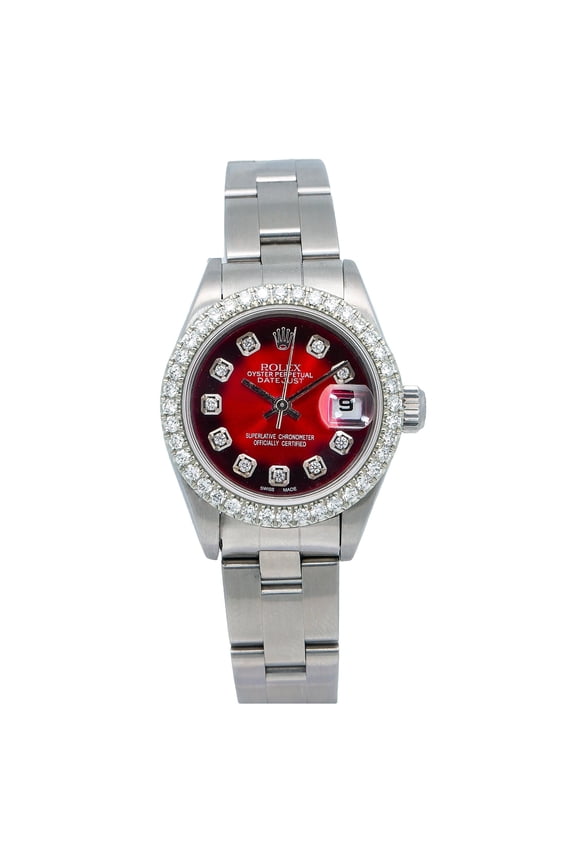 Pre-Owned Rolex Datejust 26MM 69174 Red Diamond Dial Diamond Bezel Stainless Steel Oyster Bracelet
