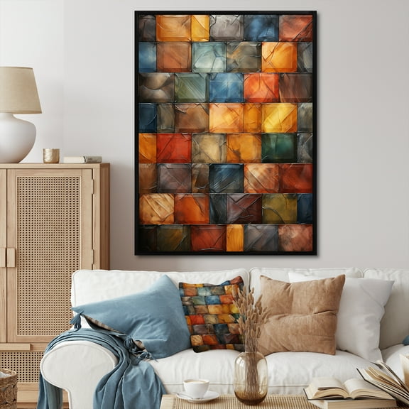 Designart "Harmony of Geometric Brown Abstract Tiles I" Abstract Framed Wall Art - Modern Yellow Abstract Tile Living Room Framed Canvas Art
