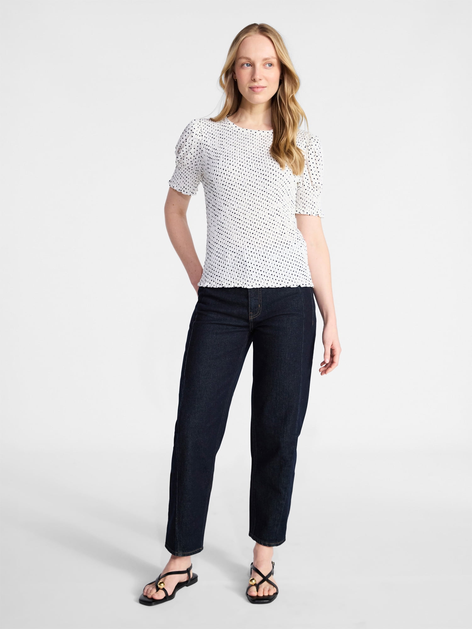 Time and Tru Women's Smocked Top with Short Puff Sleeves, Sizes XS-XXXL