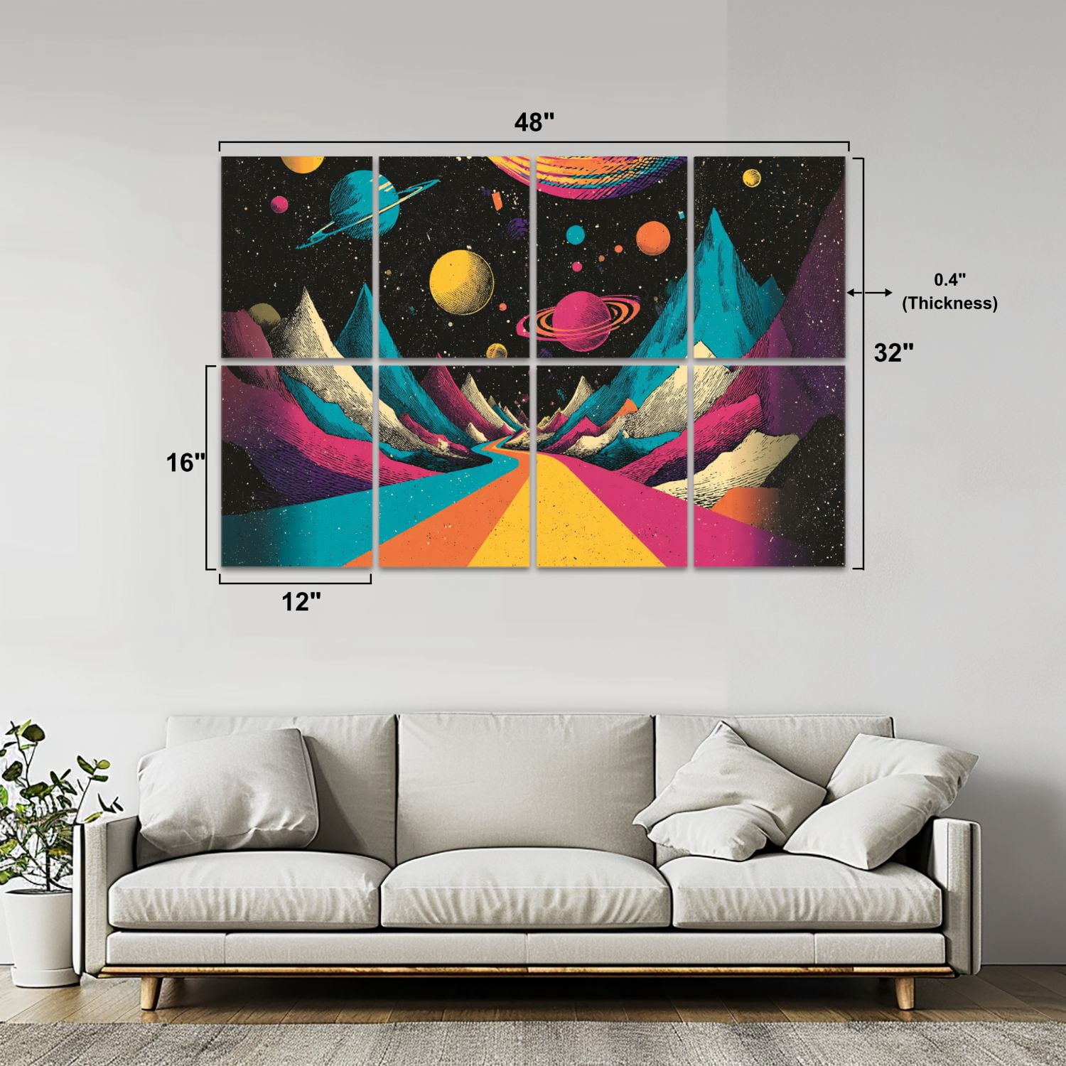 8 Pack Art Acoustic Panels Colorful Cosmic Landscape Planets Mountains Psychedelic Retro Space Self Adhesive Sound Absorbing Panels for Home Office Studio Media Room 48"x32"