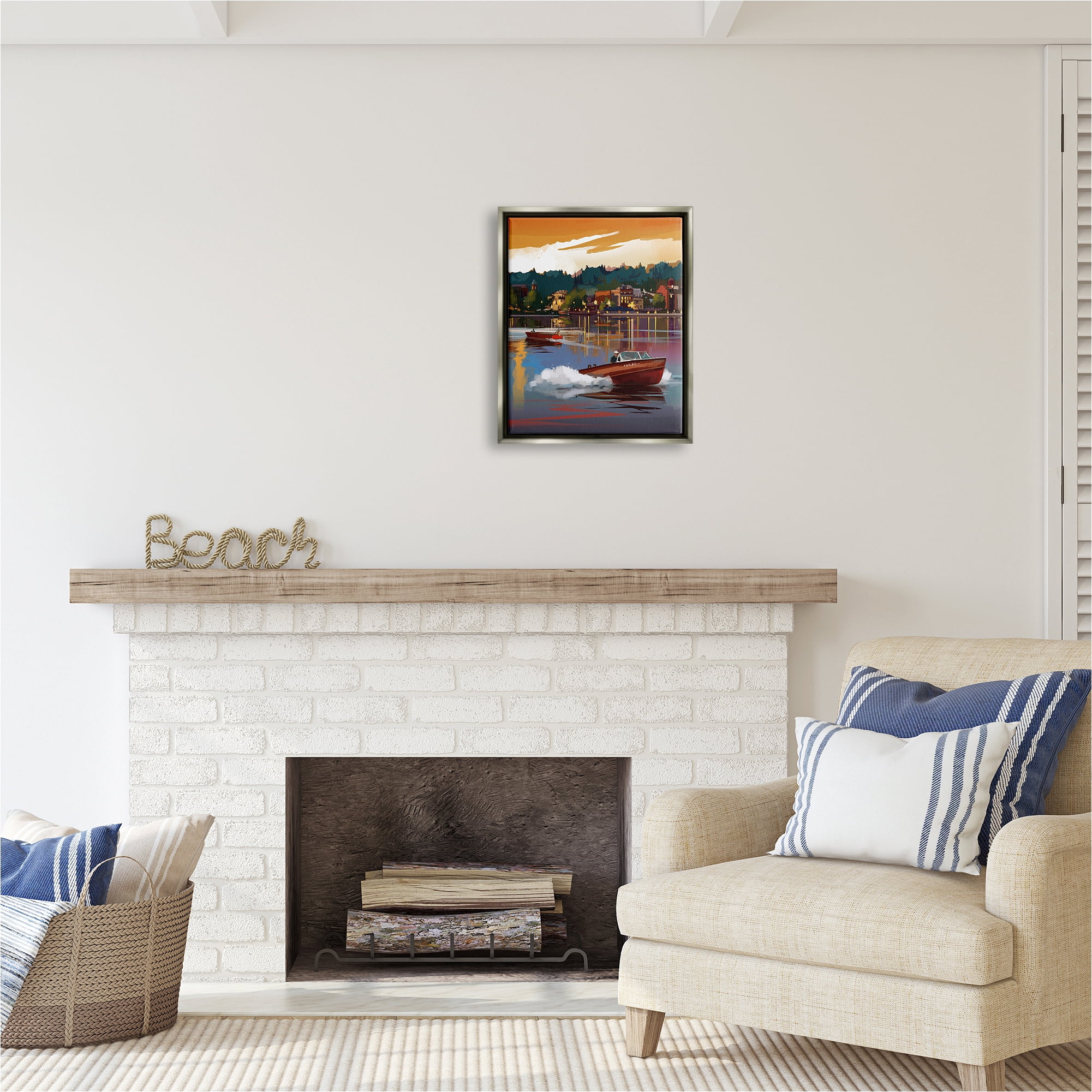 Stupell Industries Boats at Sunset Pier Transportation Painting Gray Floater Framed Canvas Art Print Wall Art, 17 x 21