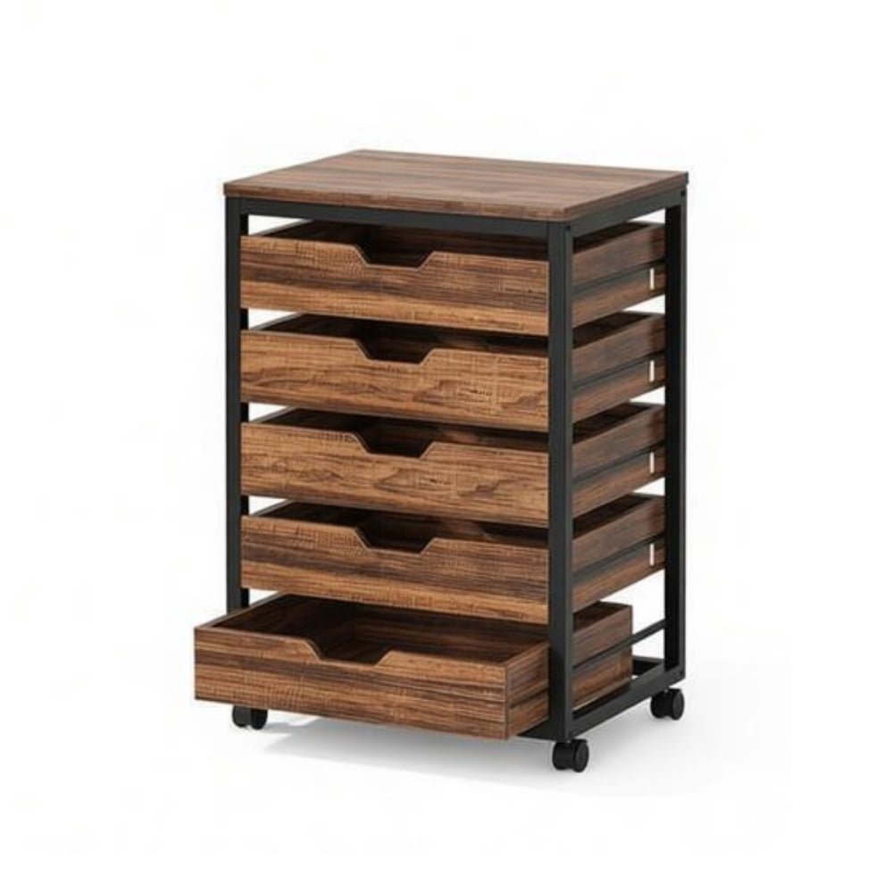 5-Drawer Mobile Storage Cabinet with Wood Veneer & Black Metal Frame, Rolling Printer Stand File Cabinet with Lockable Casters, Top Holds 45LBS for Home Office Bedroom