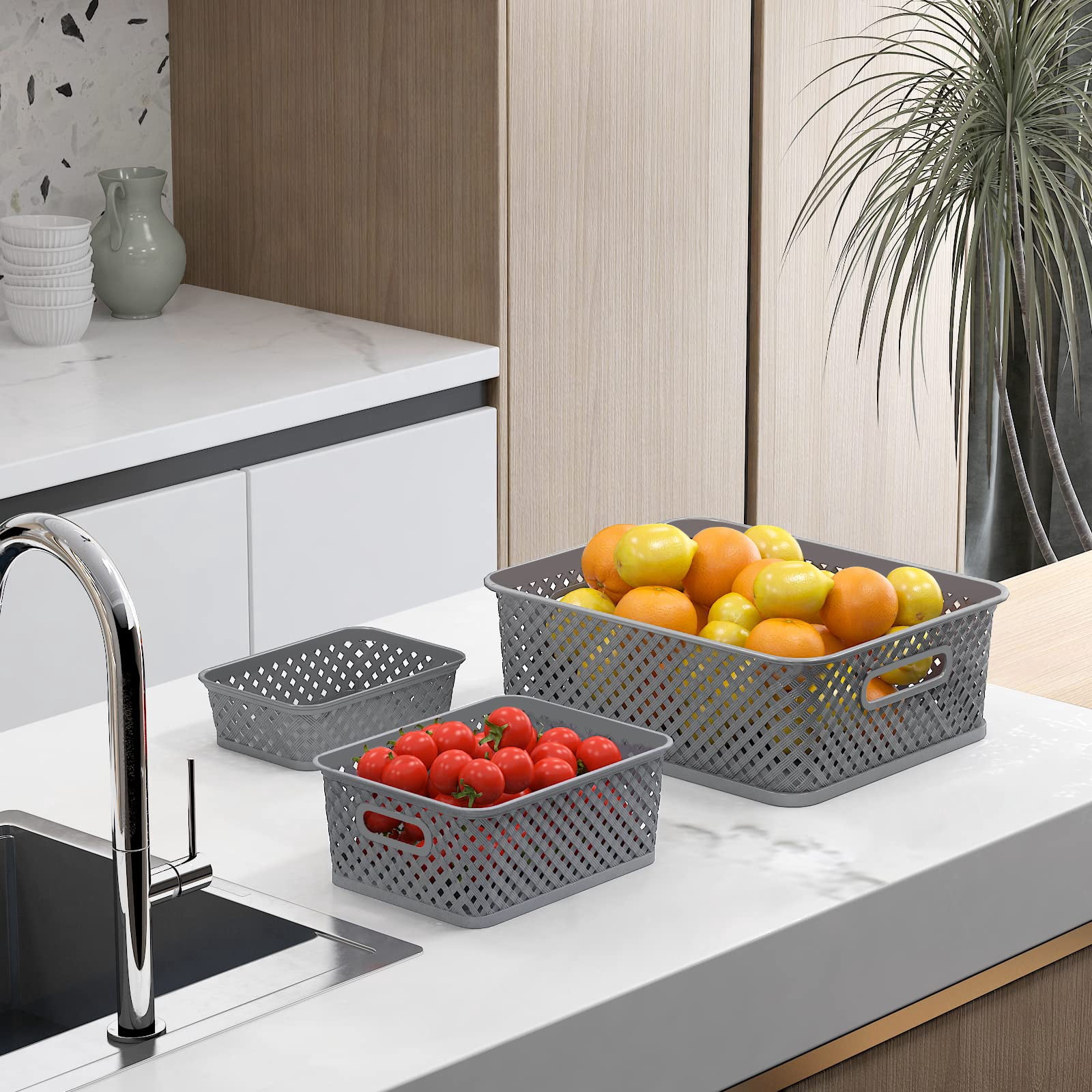Medium Grey Plastic Storage Baskets 3 Pack For Home Office Organization