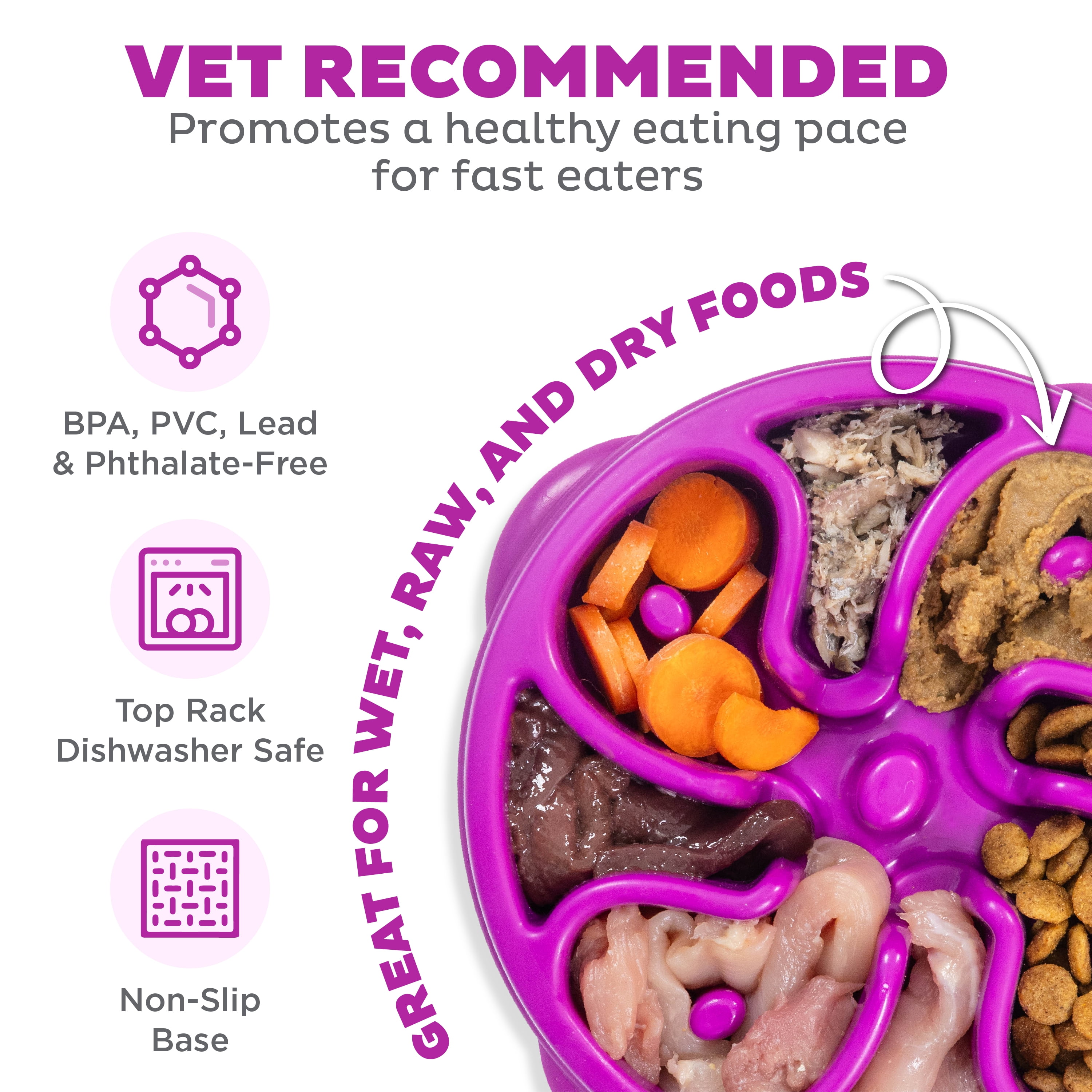 (2 pack) Outward Hound Fun Feeder Slo Bowl – Medium 2‑Cup Capacity, Slow Feeding, Small to Medium Dogs & Cats, Non-Slip, Purple, Flower Pattern