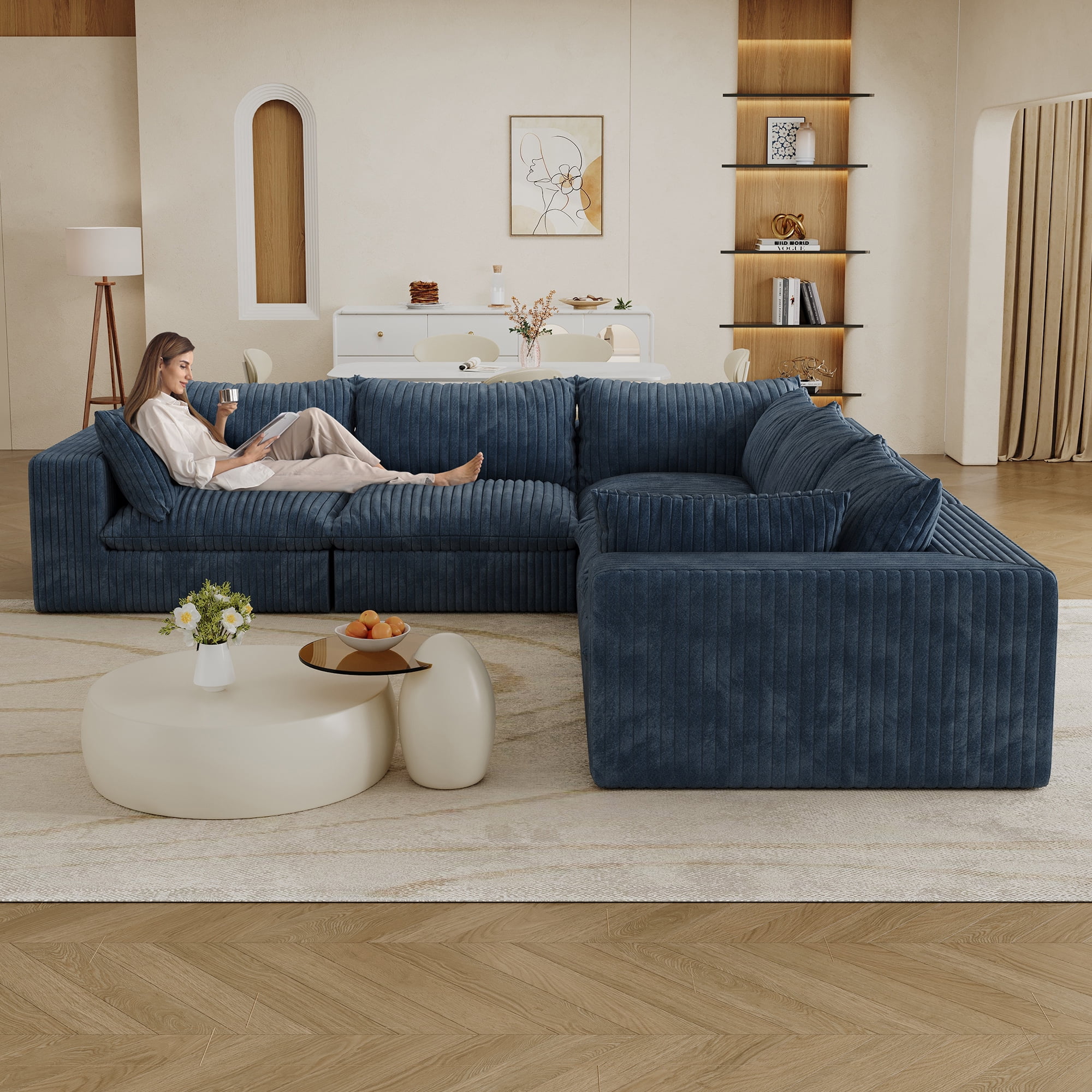 MAYEERTY 118.2" Cloud Sofa Blue Corduroy Deep Seat Double-Layer Removable Cushion No Assembly Multi-Rooms