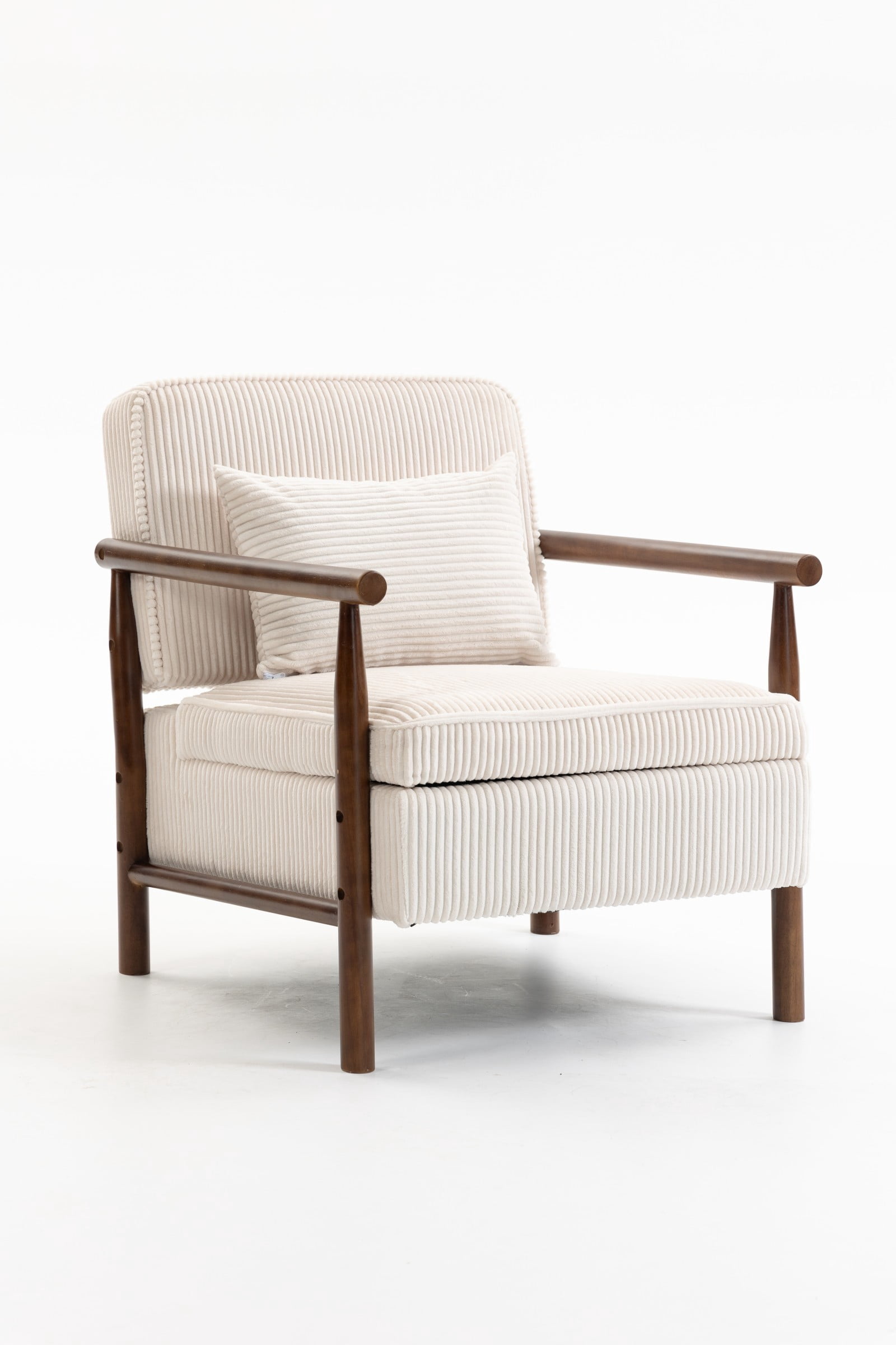 Storage Accent Chair Mid Century Modern Upholstered Armchair with Wood Frame & Waist Cushion for Living Room Bedroom Sunroom, Antique White