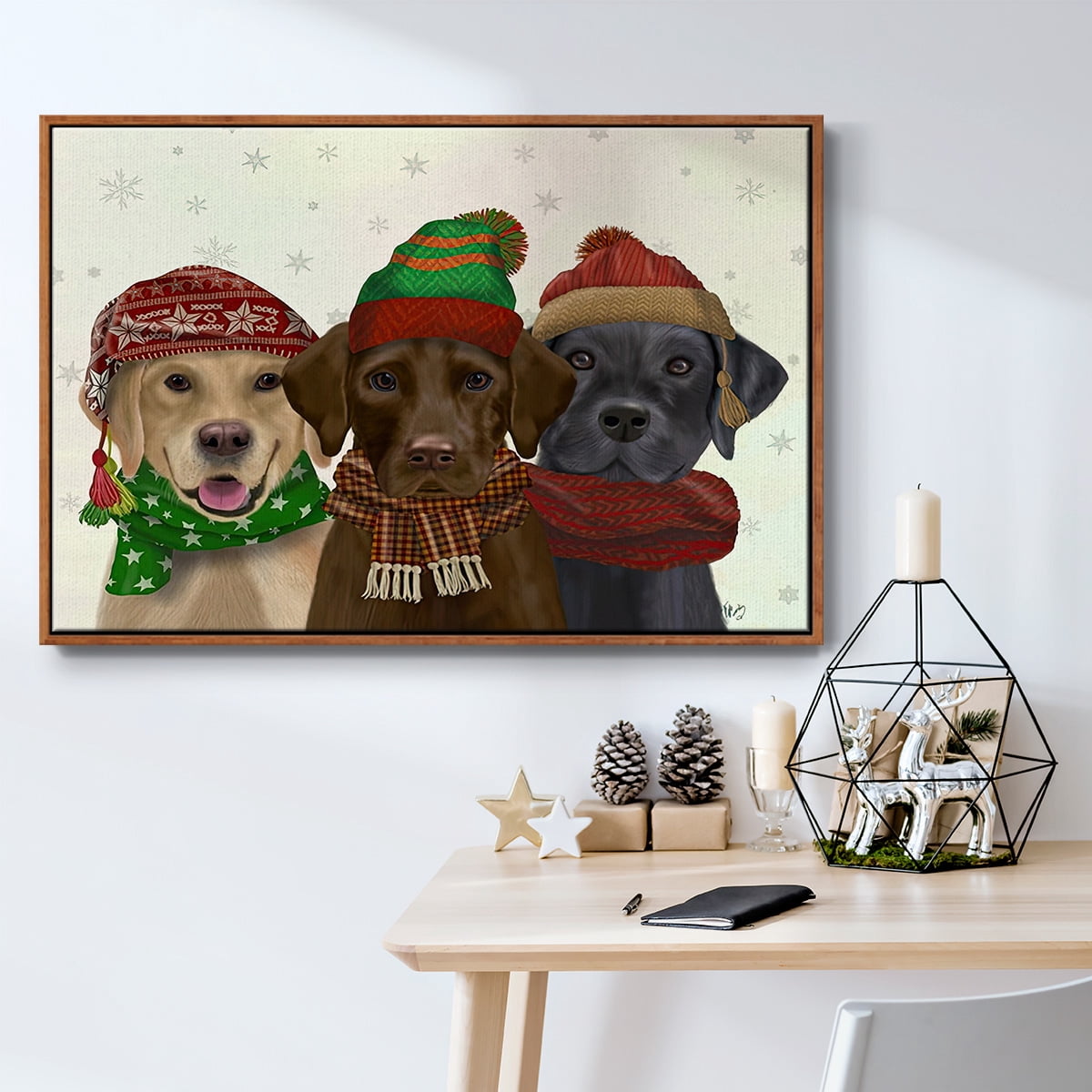 Christmas 3 Winter Labs - Framed Gallery Wrapped Holiday Canvas - 27 x 41 - Rosewood Frame
