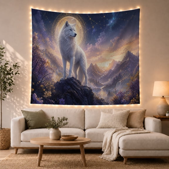 White Wolf on Mountain Under Full Moon, Mystical Fantasy for Wildlife Lovers, Majestic Wilderness Wall Art Christmas Gift, Tapestry Wall Hanging for Living Room and Bedroom