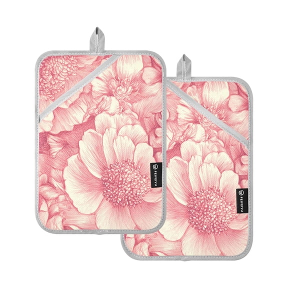 Pink Peonies Elegant Oven Mitts Pot Holders 2 pcs Heat Resistant for Kitchen Baking Grilling