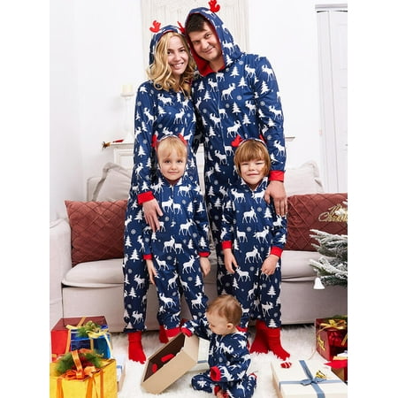 

Viworld Matching Family Christmas Onesies Pajamas Sets Elk Hooded Romper PJ s Zipper Jumpsuit Loungewear