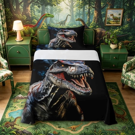 Metsweet Dino T-Rex Twin Sheets 3pcs Wildlife Dinosaur Bedding Gray Black Red 1 Fitted Sheet 1 Flat Sheet and 1 Pillowcase