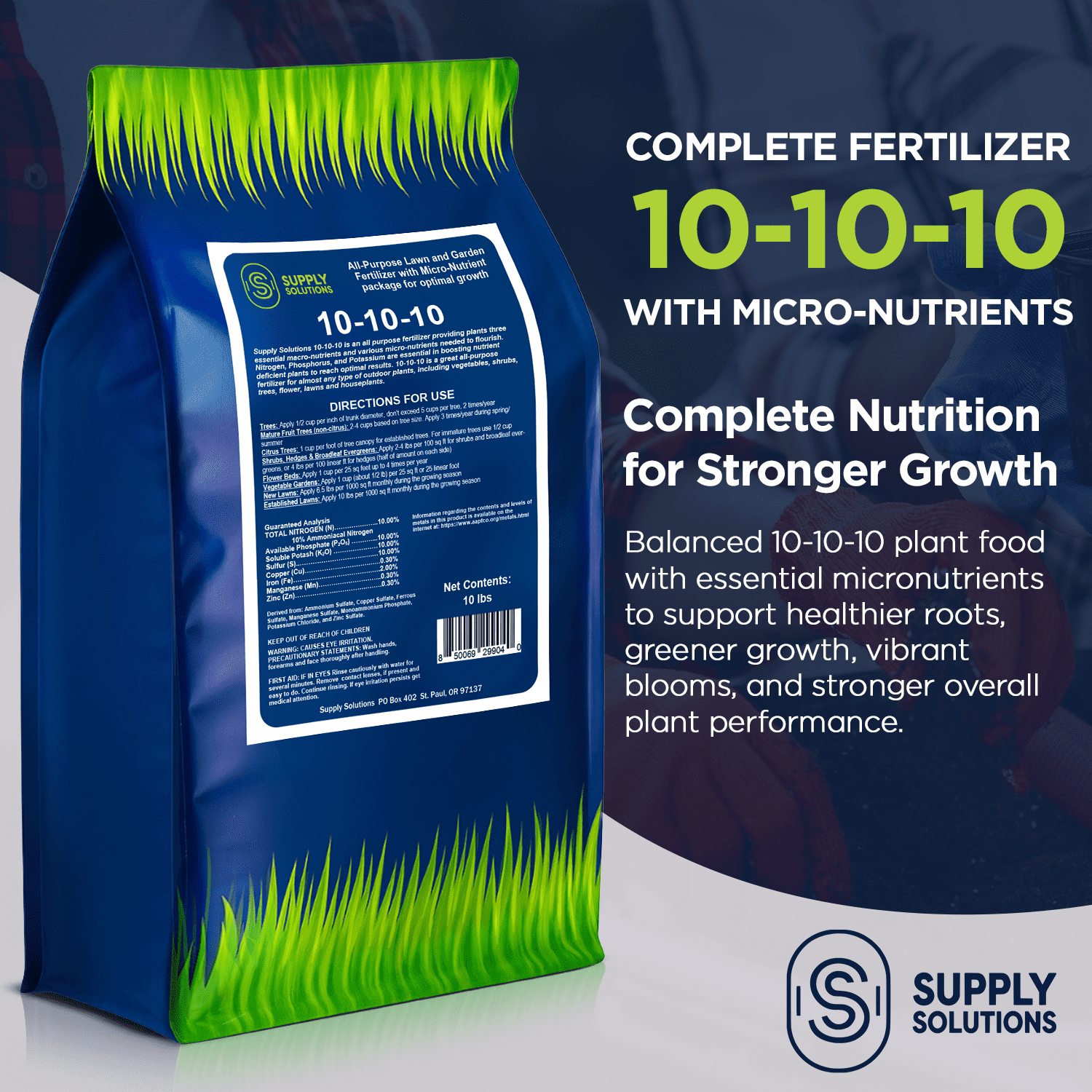 Supply Solutions 10-10-10 Complete Lawn & Garden Granular Fertilizer with Micronutrients – Balanced NPK Plant Food for Soil Health, Blooms & Roots – Safe for Vegetables, Fruits, Lawns (10lbs)
