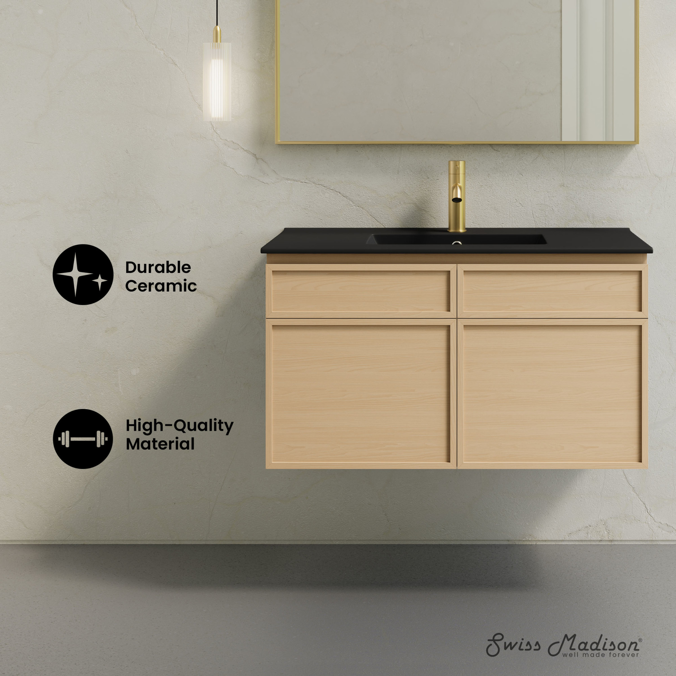 St. Tropez 36" Wall-Mounted Bathroom Vanity in Natural Oak with Black Sink Top