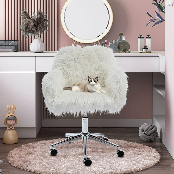 Sesslife Faux Fur Vanity Chair Modern, Rolling Vanity Seat