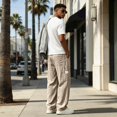 thumbnail image 3 of Dweltoz Men Linen Cargo Pants Baggy Elastic Waist Trousers Lightweight Breathable Wide Straight Leg Workwear with Pockets,Khaki L, 3 of 6