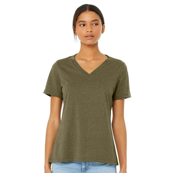 Bella & Canvas B83006756 Women Relaxed Heather CVC V-Neck T-Shirt, Heather Olive - Extra Large