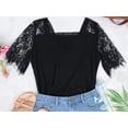 thumbnail image 3 of Anna-Kaci Women's Lace Loose Short Sleeve T-Shirt V Neck Cotton Summer Casual Tops Tee Shirts, Black, Small, 3 of 3