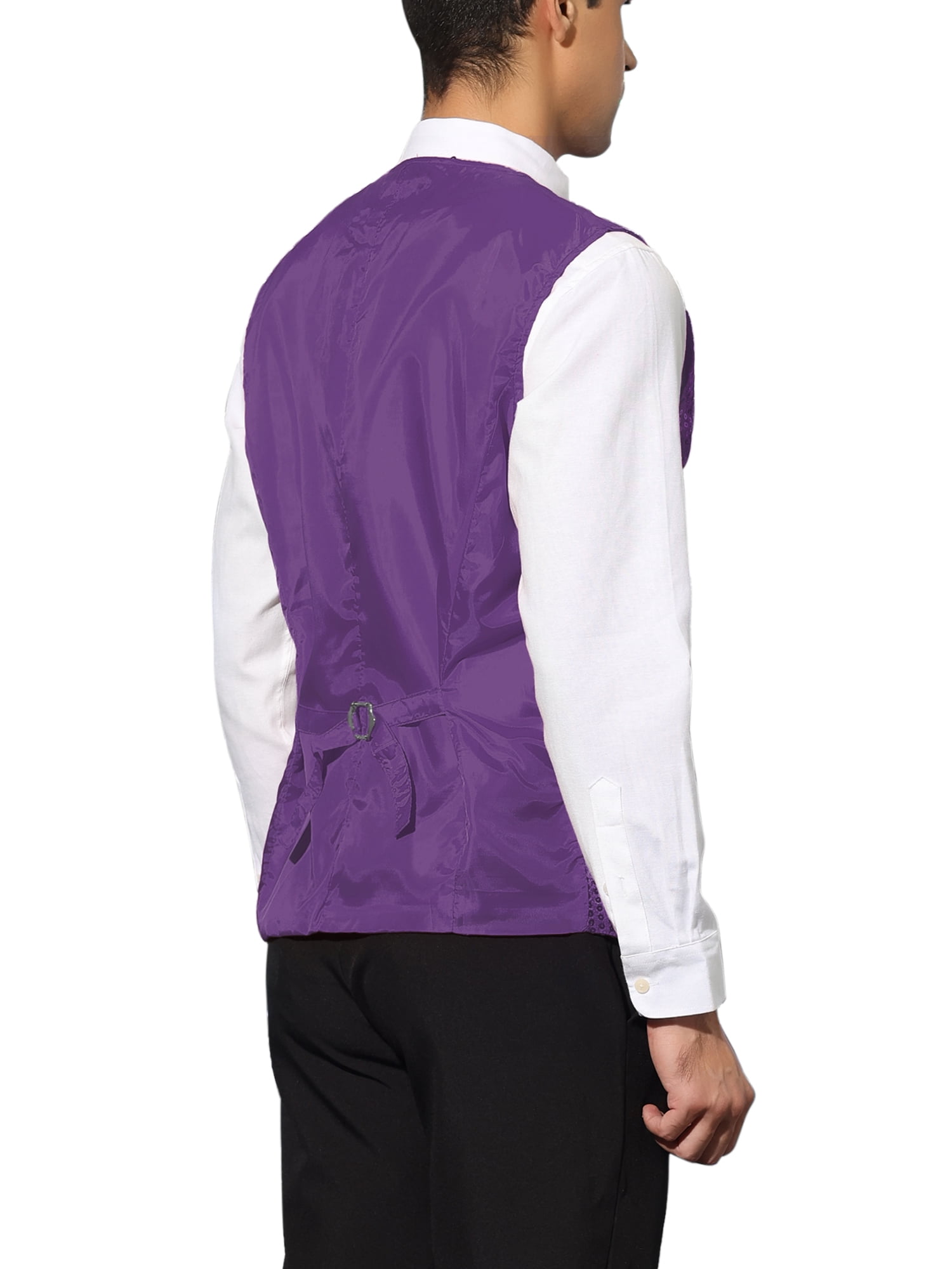 Unique Bargains Men's Sequin Waistcoat Sleeveless Dress Suit Vest with Bow Tie L Purple