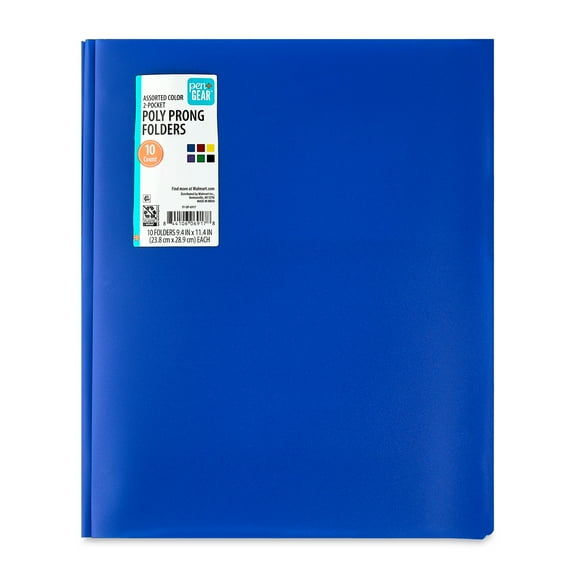Pen+Gear 3-Prong 2-Pocket Poly Folders, 9.4" x 11.4", Assorted Colors, 10 Count