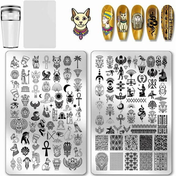 2pcs Egyptian Elements Nail Stamping Plates Cats Snakes Nails Art Stencils Pharaoh Manicure Art Templates Mysterious Style Nail Image Plates