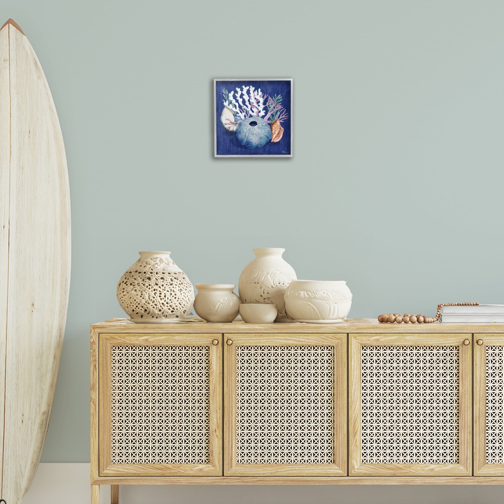 Stupell Industries Sea Urchin & Coral Coastal Painting Gray Framed Art Print Wall Art, 12 x 12