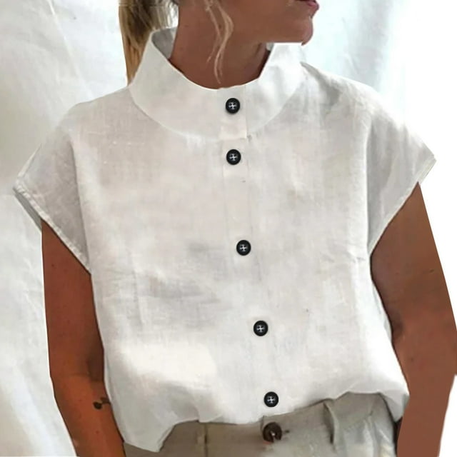 Tank Top for Women Womens Spring Summer Solid Color Casual High Neck Top Cotton Buttons Design Blouses