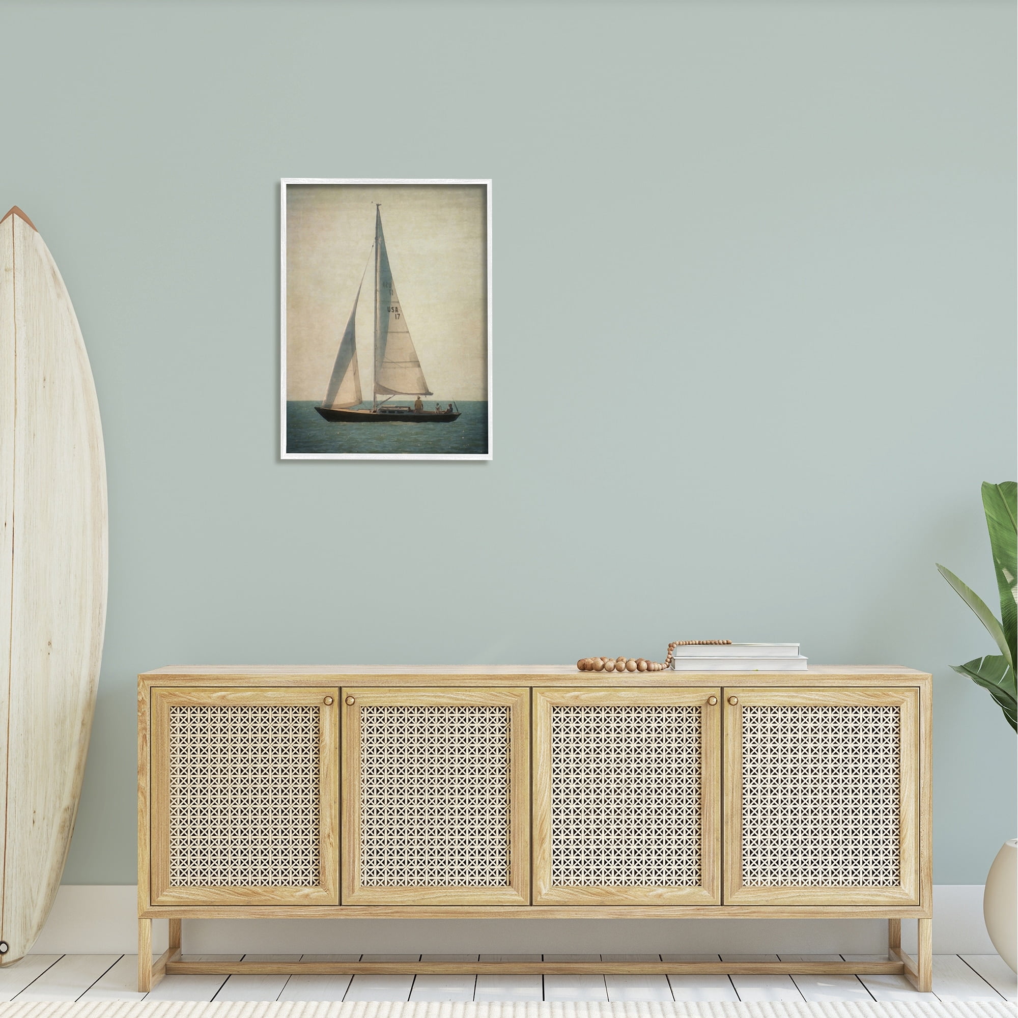 Stupell Industries Lone Sailboat People Relaxing Quiet Ocean Landscape Painting White Framed Art Print Wall Art, Design by Graffitee Studios