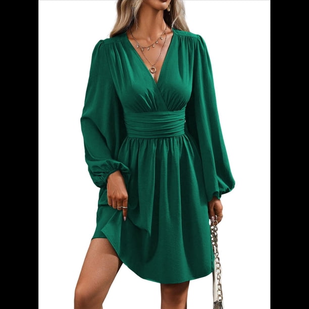 Vestido Elegante para Mujer, Cuello en V, Larga, Cintura Alta, Corte Holgado, para Fiesta de Graduación, Cóctel, Corto Verde XXL