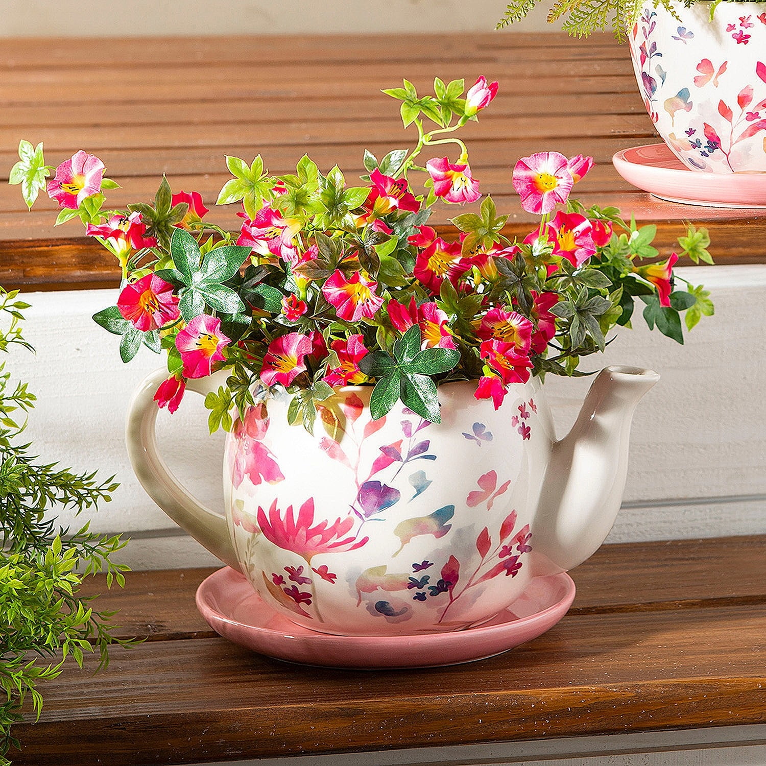 Plow u0026 Hearth Indoor/Outdoor Ceramic Floral Tea Pot Planter with Saucer -  Pink - Walmart.com