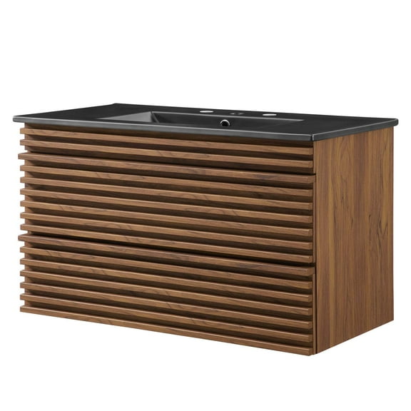 Sink Vanity Cabinet, Wall Mounted, Wood, Brown Walnut Black, Modern Contemporary Urban Design, Hotel Bedroom Bathroom Master Suite Guest