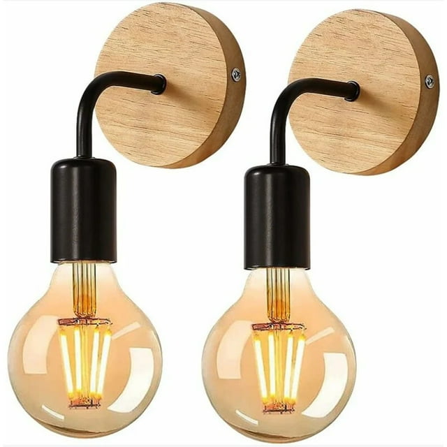 Laklulu - Lámpara de pared industrial para interiores, paquete de 2, luces de pared de madera, lámpara de pared de metal, decoración de pared retro, para sala de estar, dormitorio (bombillas no