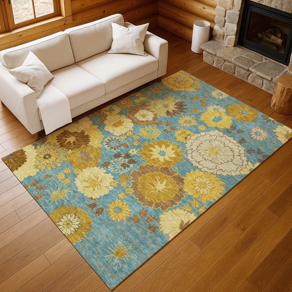 Addison Rugs Chantille Indoor/Outdoor Transitional Floral Aqua Machine Washable Rectangle Rug, 10' x 14'