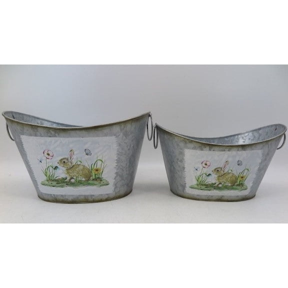 Set Of 2 Metal With Handles And Bunny In The Garden Print Buckets