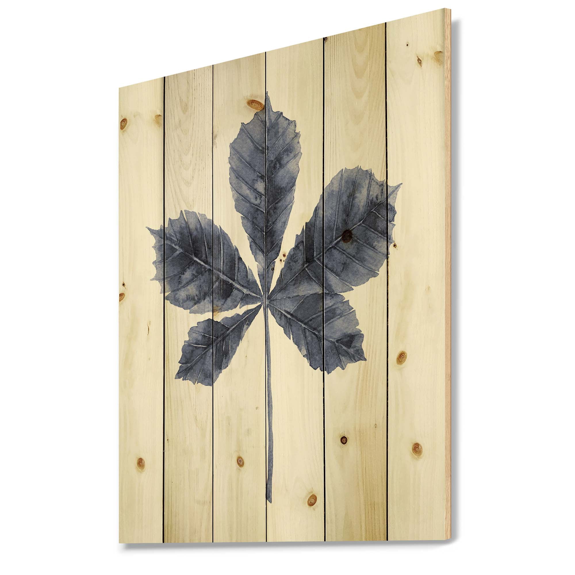 Designart 'Navy Blue Chestnut Leaf On White' Traditional Print on Natural Pine Wood