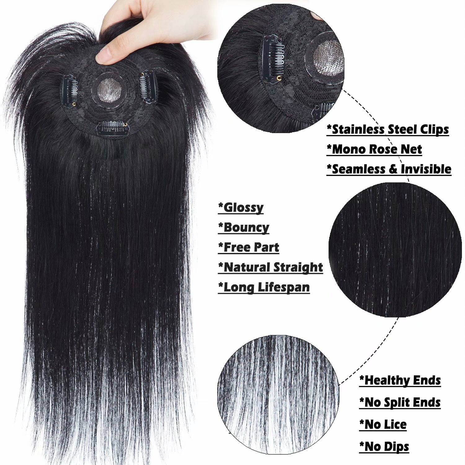 Benehair 100% Remy Human Hair Extensions Clip In Women's Topper Toupee Hairpiece With Bang Mono Base Wiglet Hair Loss Black US