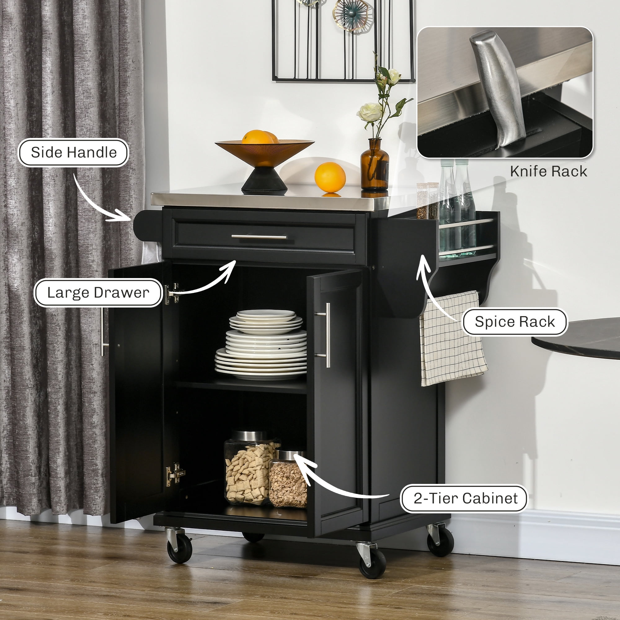 HOMCOM Rolling Kitchen Island Utility Trolley, Storage Cart on Wheels With Drawer, Spice Rack, Black