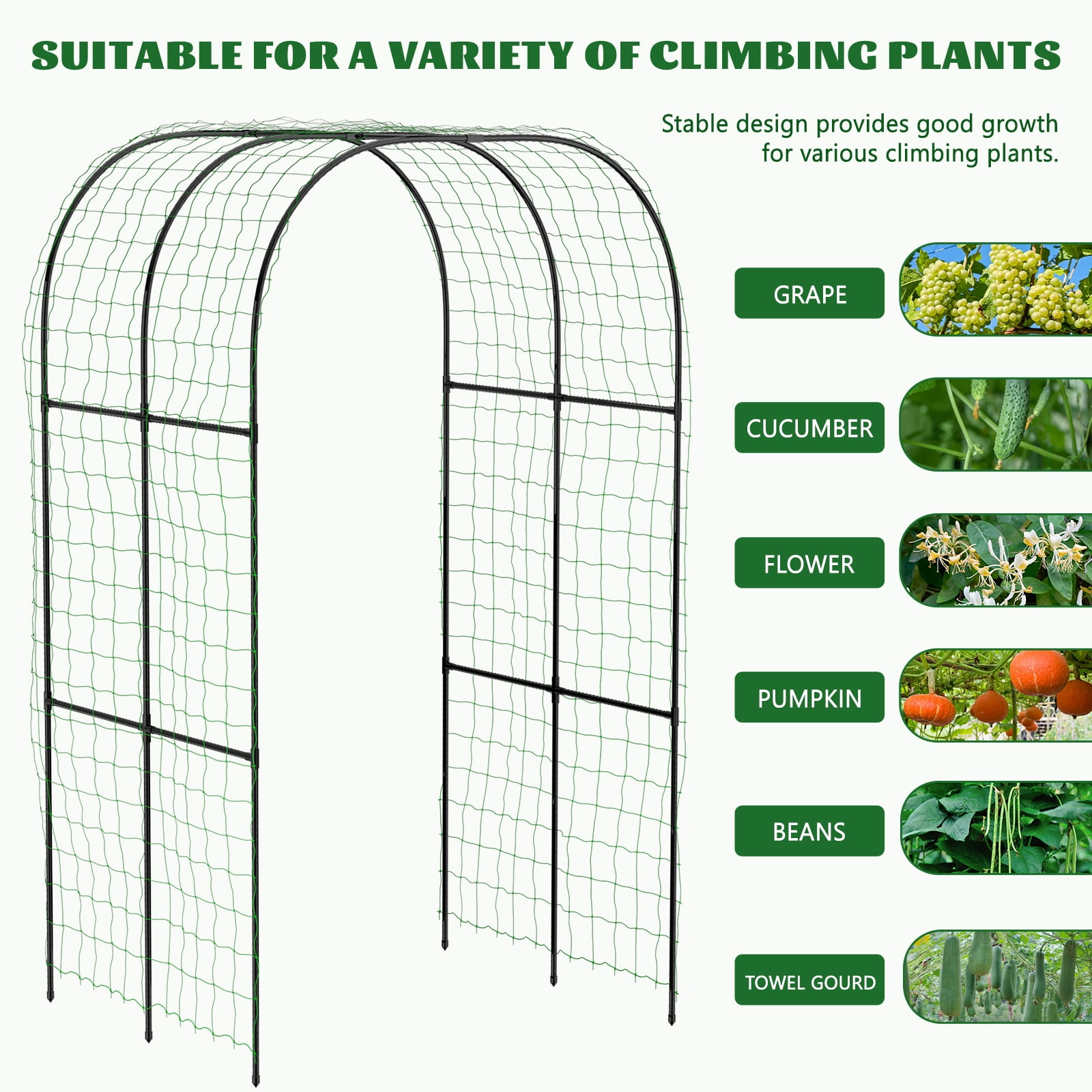 Slsy 3 in 1 Galvanized Raised Garden Bed with 85in Tall Arch Trellis for Climbing Vegetables Flowers Herbs, Metal Raised Garden Bed Kit with Trellis, Plant Ties, Climbing Supporting Netting