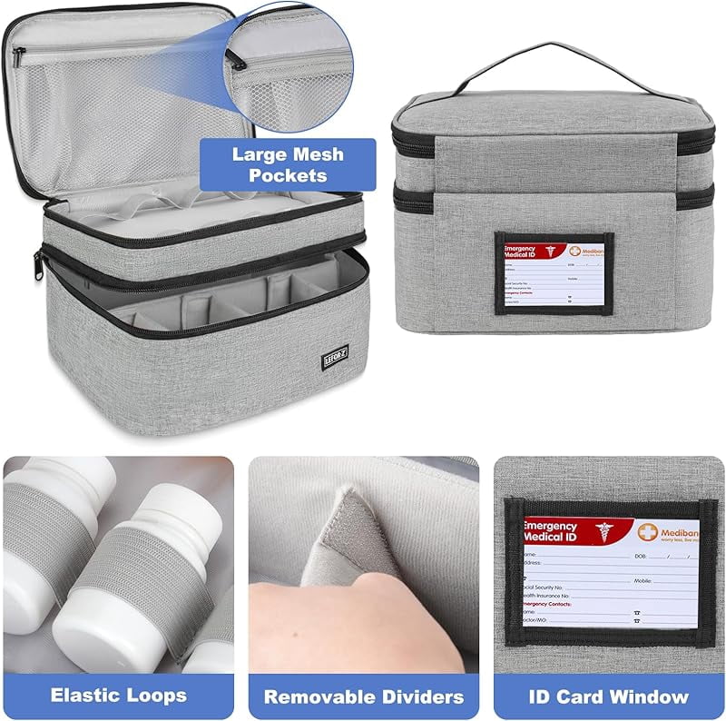 Medicine Storage Bag,Double Layers Pill Bottle Organizer Bag Empty with Lockable Zipper&Adjustable Divider,Medication Travel Carrying Bag for Pills,Vitamins,Medical Supplies