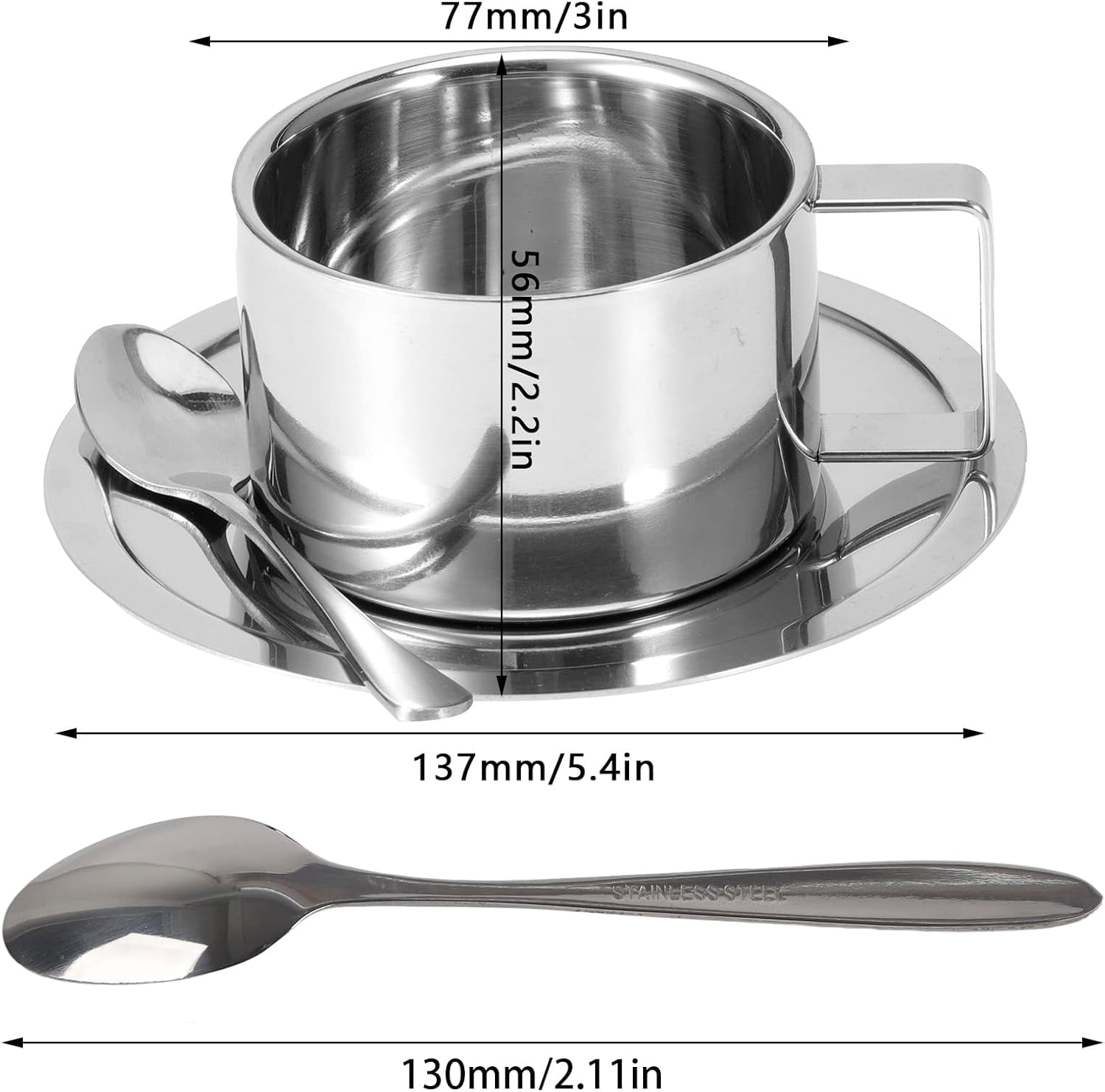 ABPETE Stainless Steel Coffee Cup Set, 200ml/7oz Insulated Coffee Cup Set Double Walled Mugs Milk Tea With Spoon Saucer for Coffee Latte Tea Milk