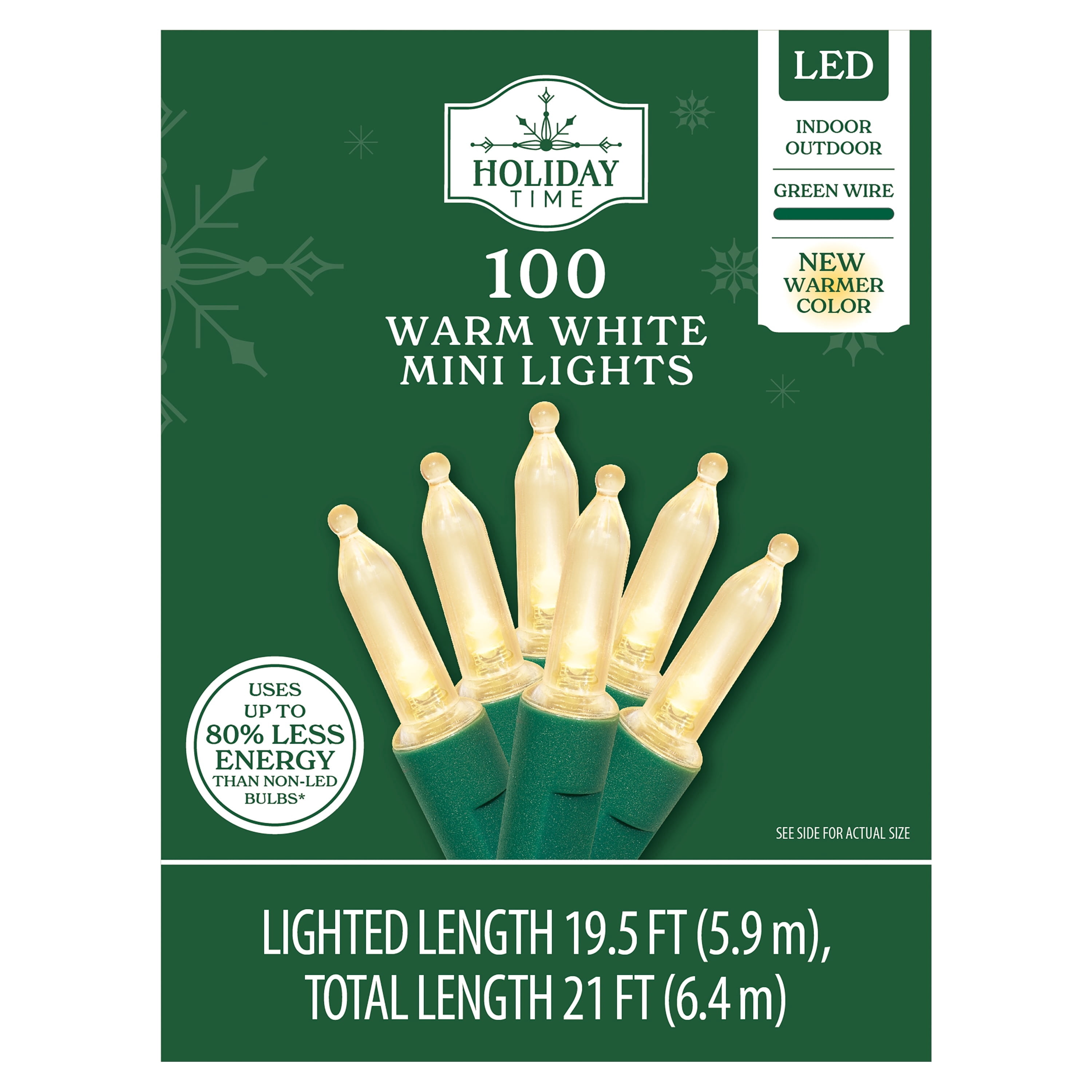 Indoor/Outdoor 100-Count LED Mini Christmas String Lights, Warm White, Green Wire, 19.5', by Holiday Time