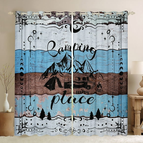 YST Camper Gifts Curtains 52''Wx84''L, Happing Camping 30%-50% Blackout Curtains for Kids Men Women, Rv Camper With Blue Stripes Curtains & Drapes for Camping Lovers Campsite