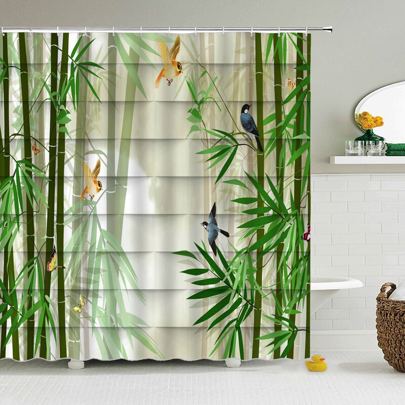 Green Plant Bamboo Shower Curtain Bathroom Bath Curtain Waterproof