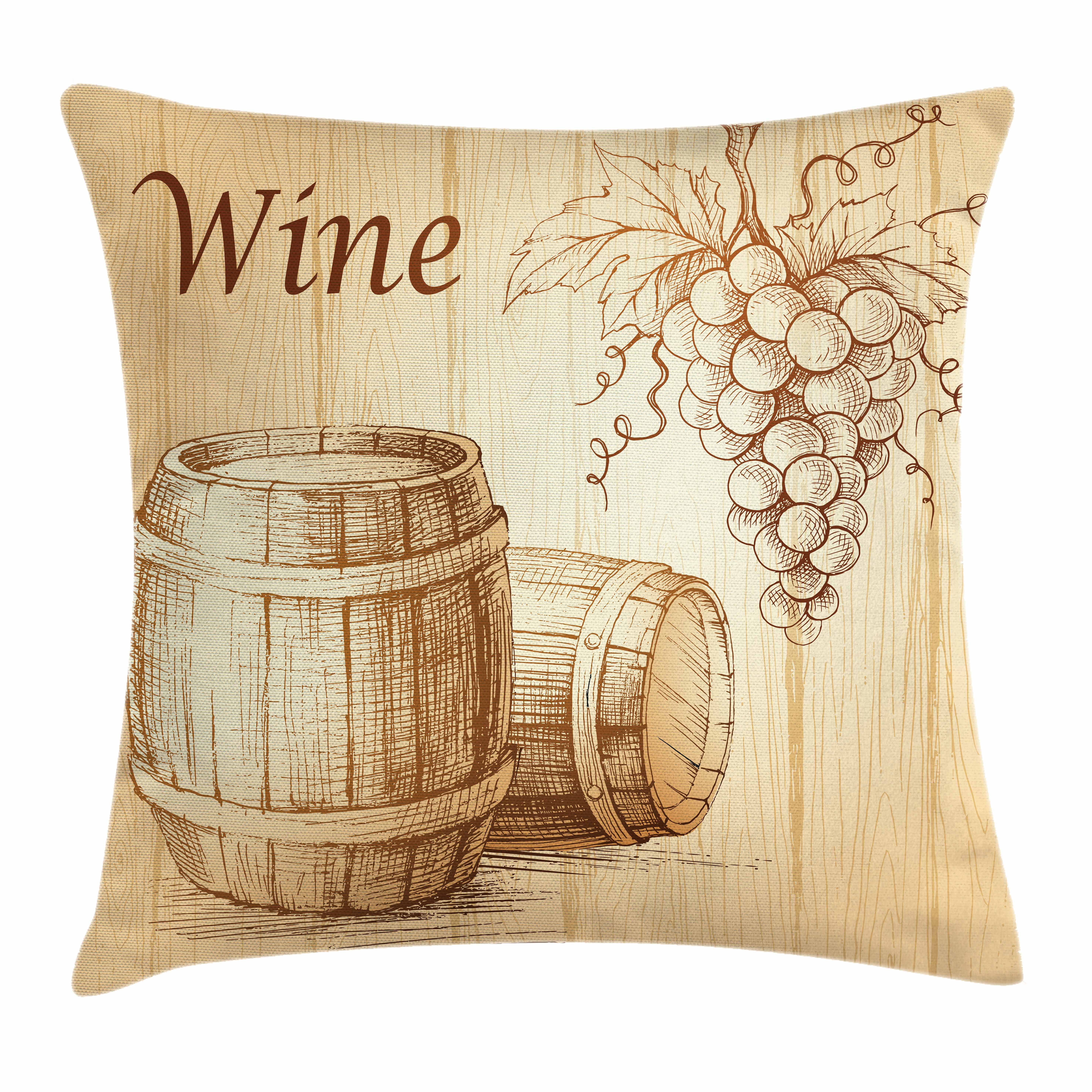 Wine Throw Pillow Cushion Cover, Wooden Barrels and Bunch of Grapes on