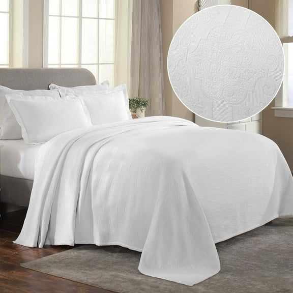 BNM Cotton 3 Piece Matelasse Bedspread Set, White, Full