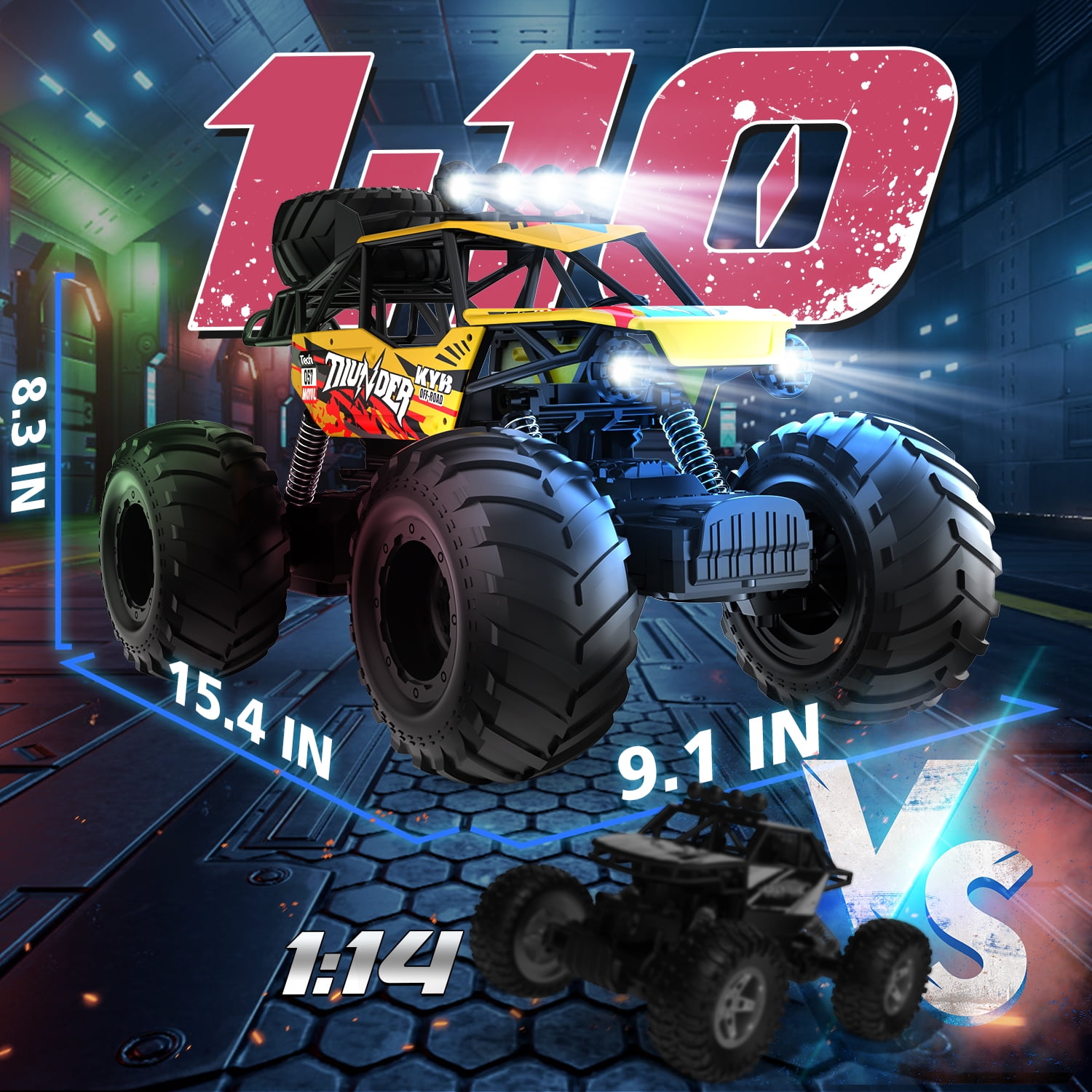 JoyStone 1:10 RC Cars for Kids , 2.4Ghz RC Monster Truck with Light, 2 Batteries, 60+ Mins, Off Road Vehicle for Adults, Yellow